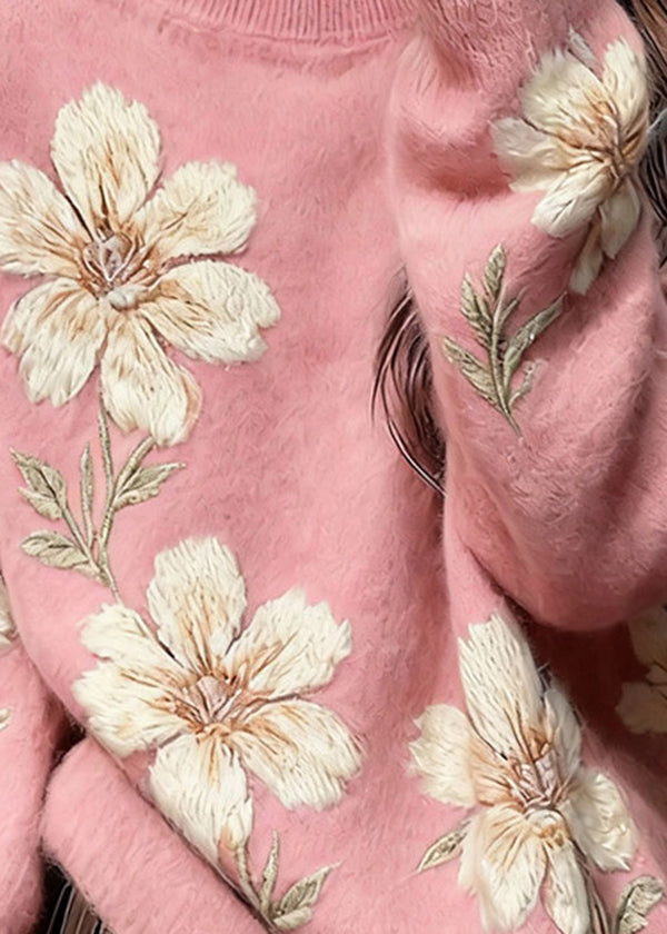 Art Pink O Neck Thick Floral Knit Sweaters Winter