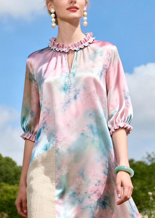 Art Pink Ruffled Patchwork Linen Silk Vacation Dresses Summer