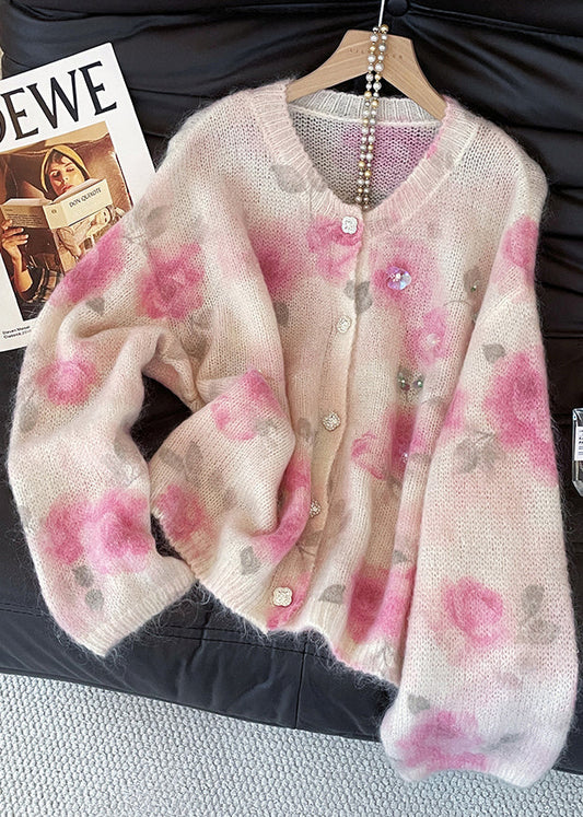 Art Pink Sequins Floral Print Knit Cardigan Fall