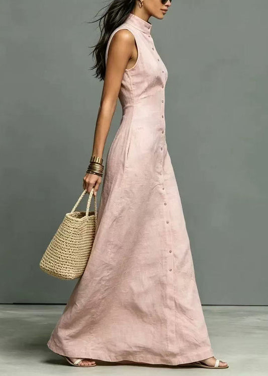Art Pink Stand Collar Single Breasted Cotton Long Dress Sleeveless