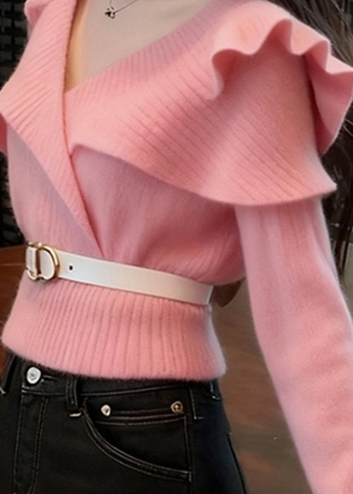 Art Pink V Neck Ruffled Solid Knit Sweater Spring