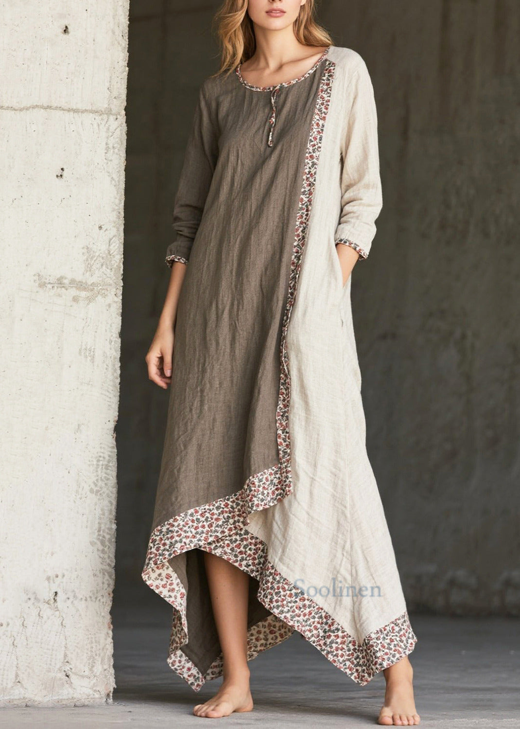 Art Print Patchwork Cotton Maxi Dresses Asymmetrical Spring