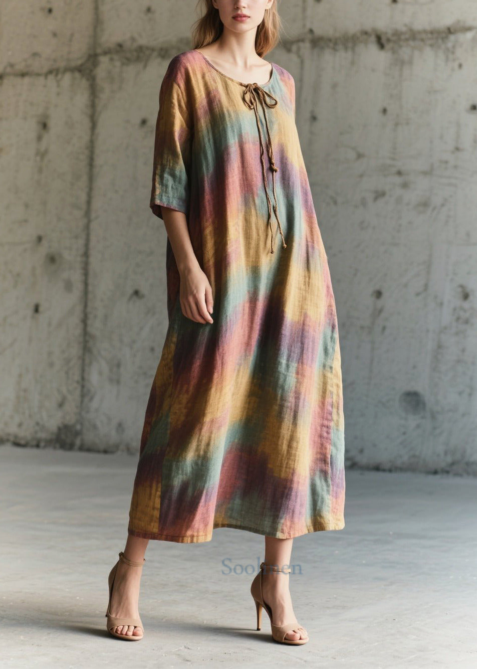 Art Rainbow Oversized Tie Dye Cotton Vacation Dresses Half Sleeve