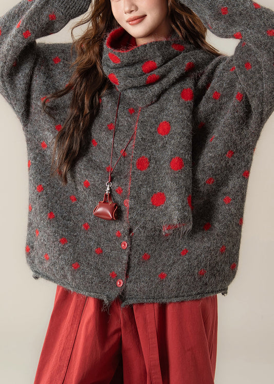 Art Red Button Dot Knit Coats Winter