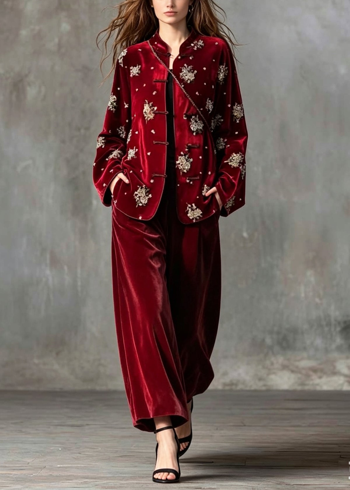 Art Red Embroidered Nail Bead Silk Velvet Two Piece Set Fall