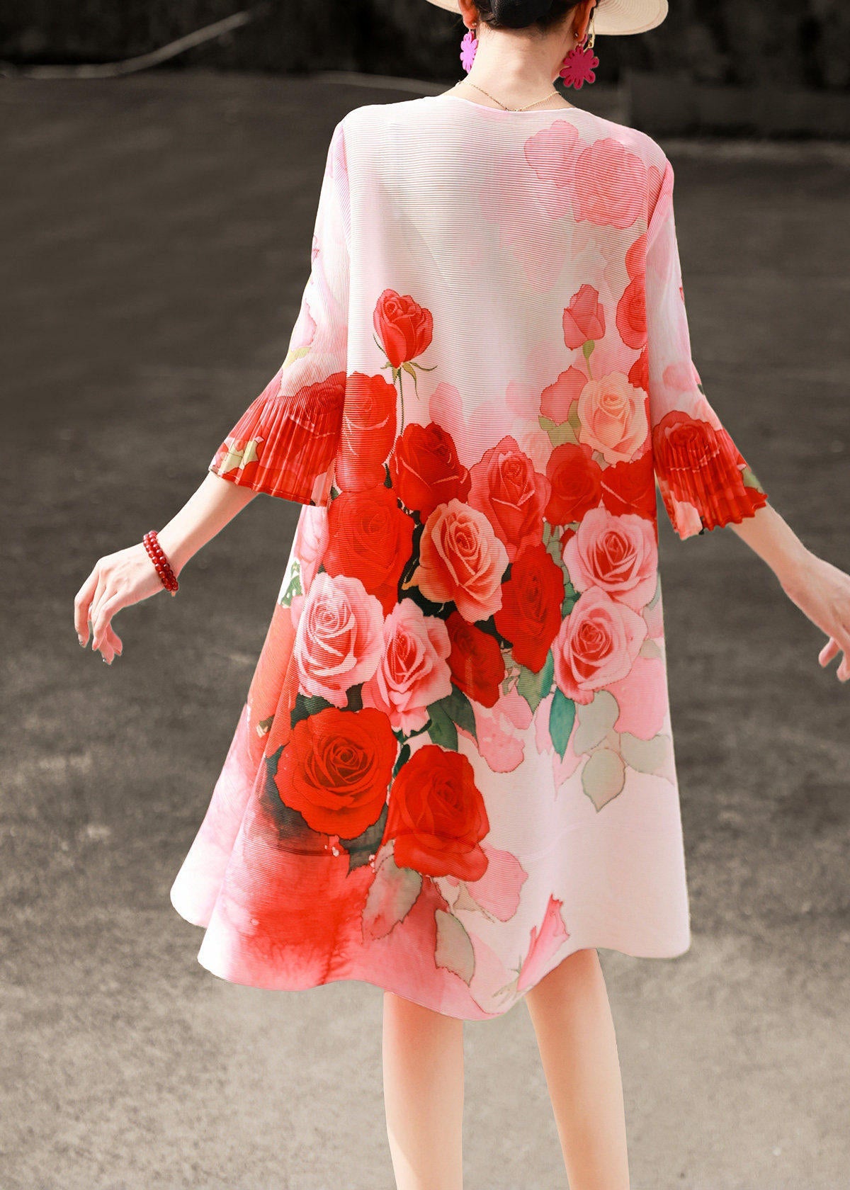 Art Red O-Neck Print Button Maxi Shirts Dresses Lantern Sleeve