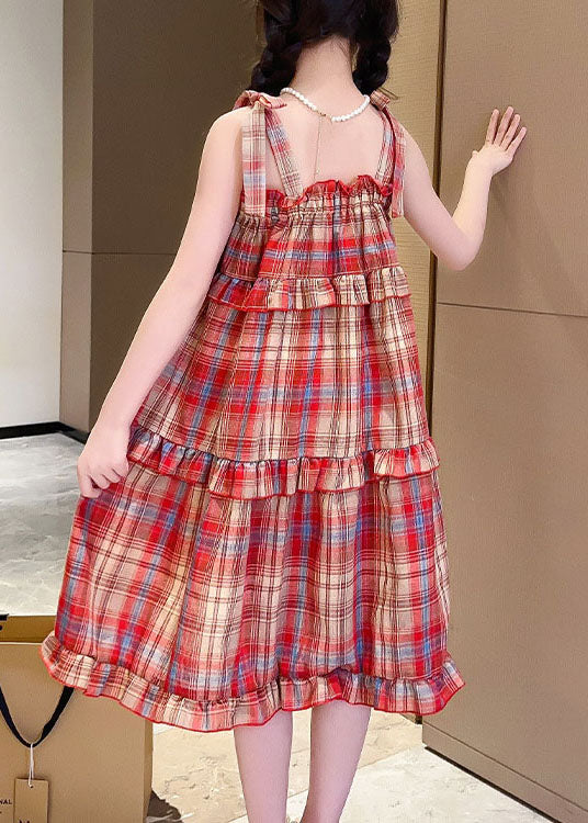 Art Red Plaid Ruffled Bow Patchwork Cotton Kids Girls Dresses Summer