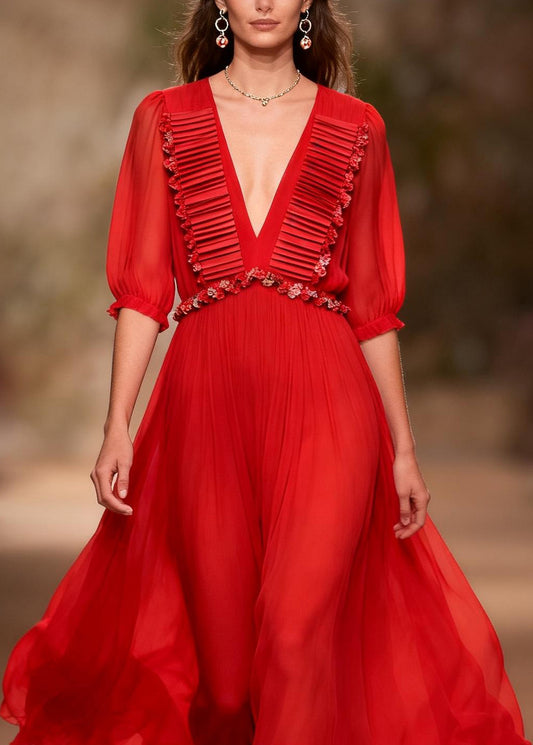 Art Red V Neck Floral Patchwork Chiffon Maxi Dresses Summer