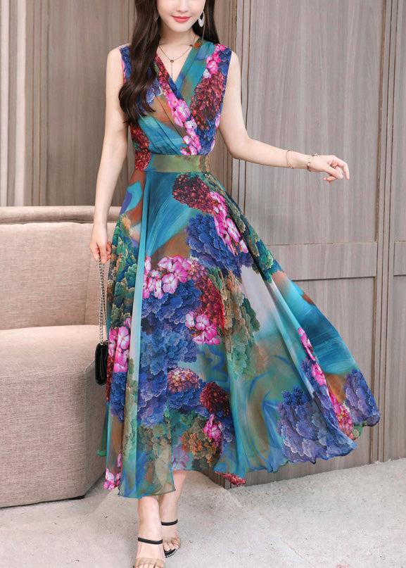 Art Red V Neck Print Tunic Holiday Maxi Dresses Sleeveless