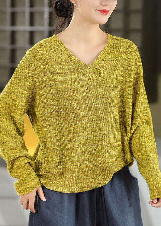 Art Rose V Neck Solid Cotton Knit Sweater Batwing Sleeve