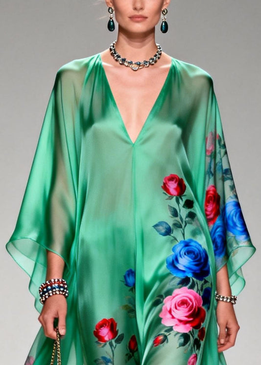 Art Tea Green Oversized Floral Print Chiffon Long Dresses Summer