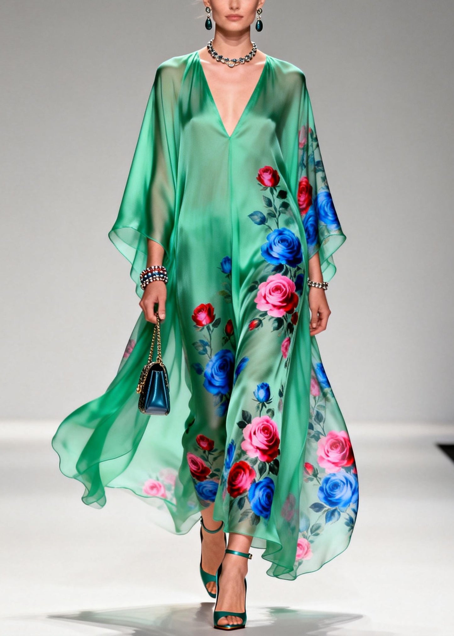 Art Tea Green Oversized Floral Print Chiffon Long Dresses Summer