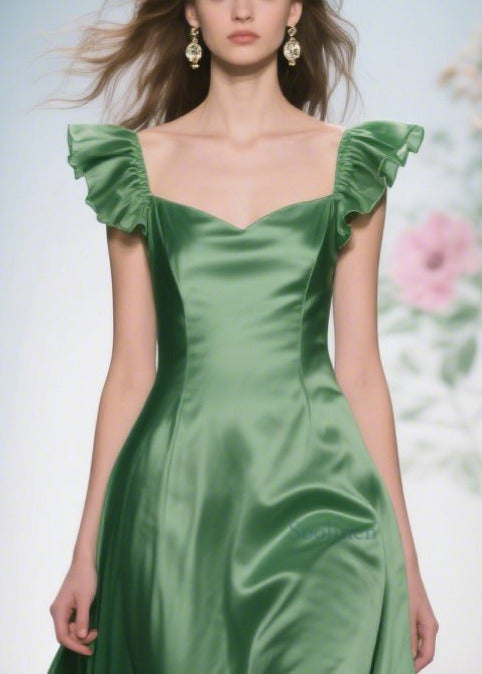 Art Tea Green Ruffled Exra Large Hem Silk Maxi Dresses Summer