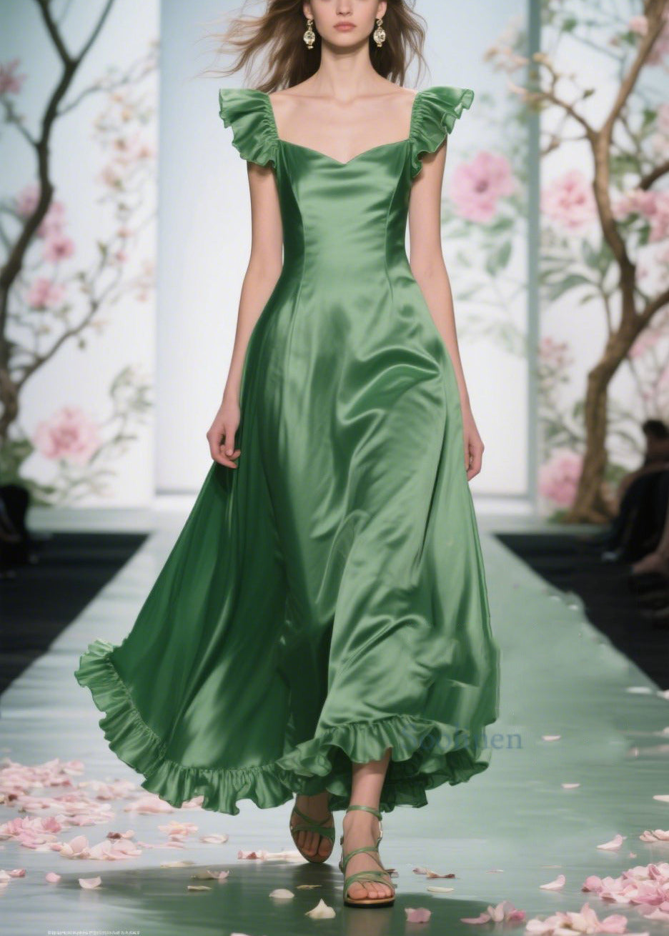 Art Tea Green Ruffled Exra Large Hem Silk Maxi Dresses Summer