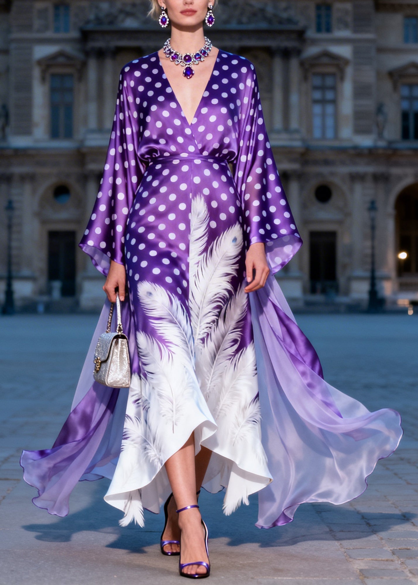 Art V Neck Dot Feather Print Silk Ankle Dress Dress Summer