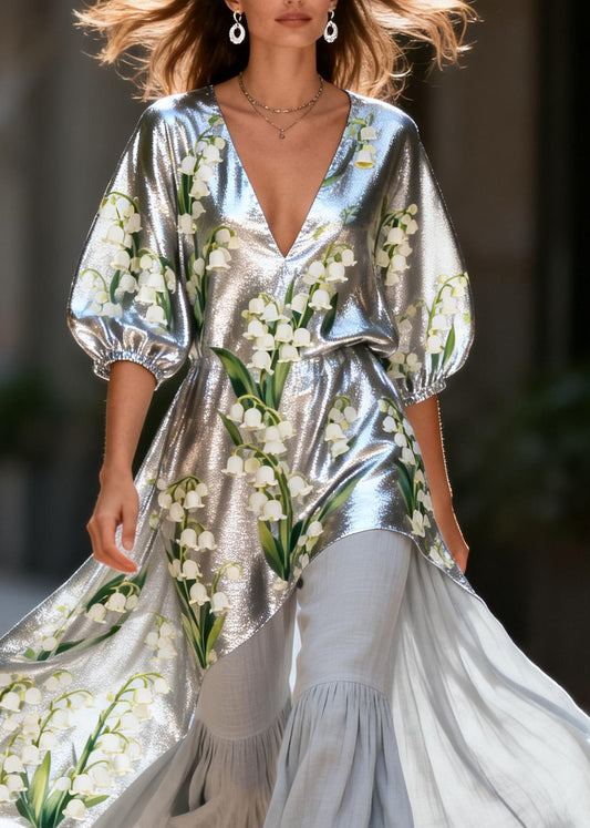 Art V Neck Print Silk Asymmetrical Top And Linen Pants Two Pieces Set Summer
