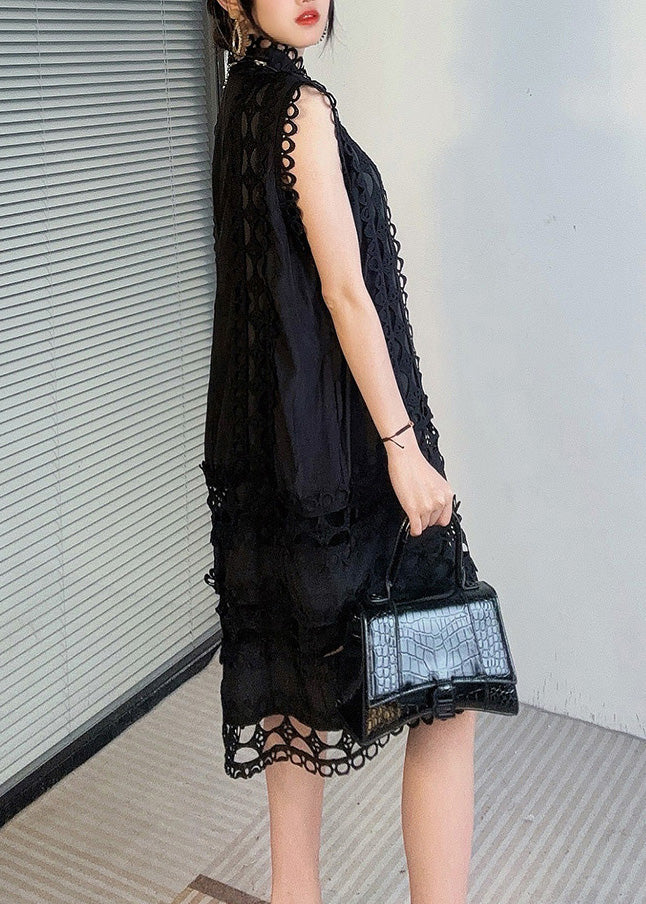 Art White Button Hollow Out Lace Dress Sleeveless