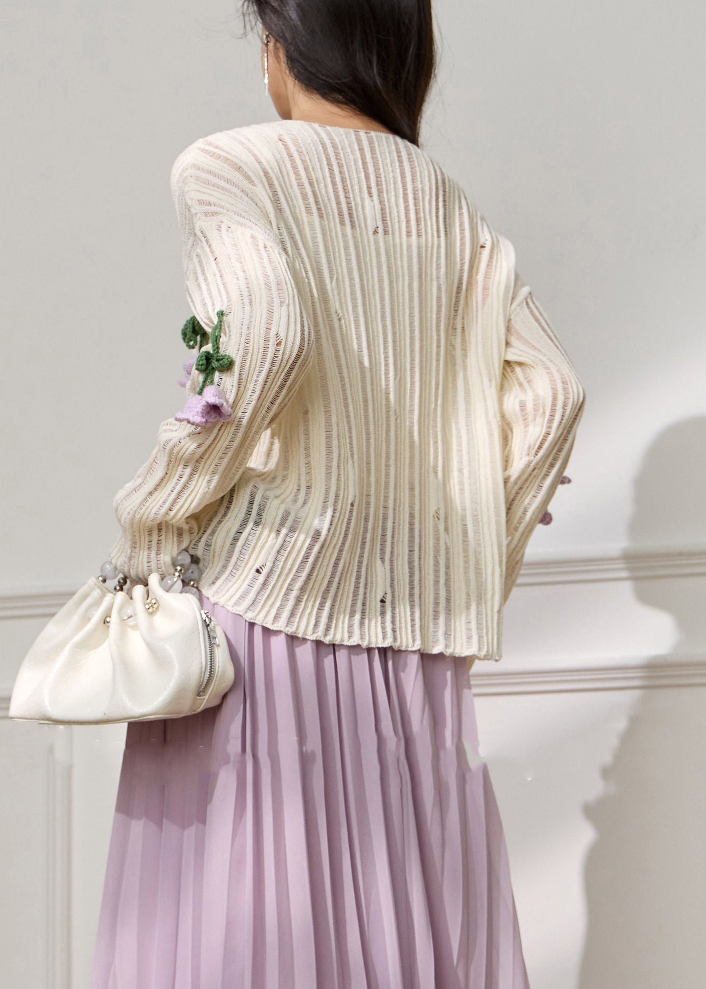 Art White Floral Hollow Out Knit Top Fall