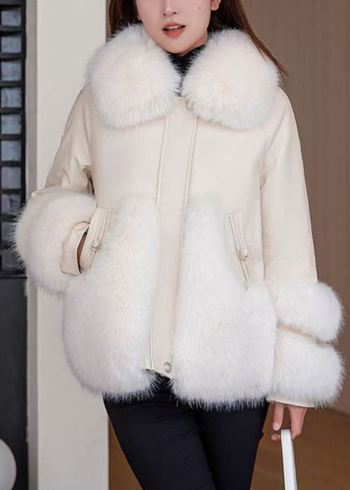Art White Fur Collar Pockets Patchwork Parkas Winter