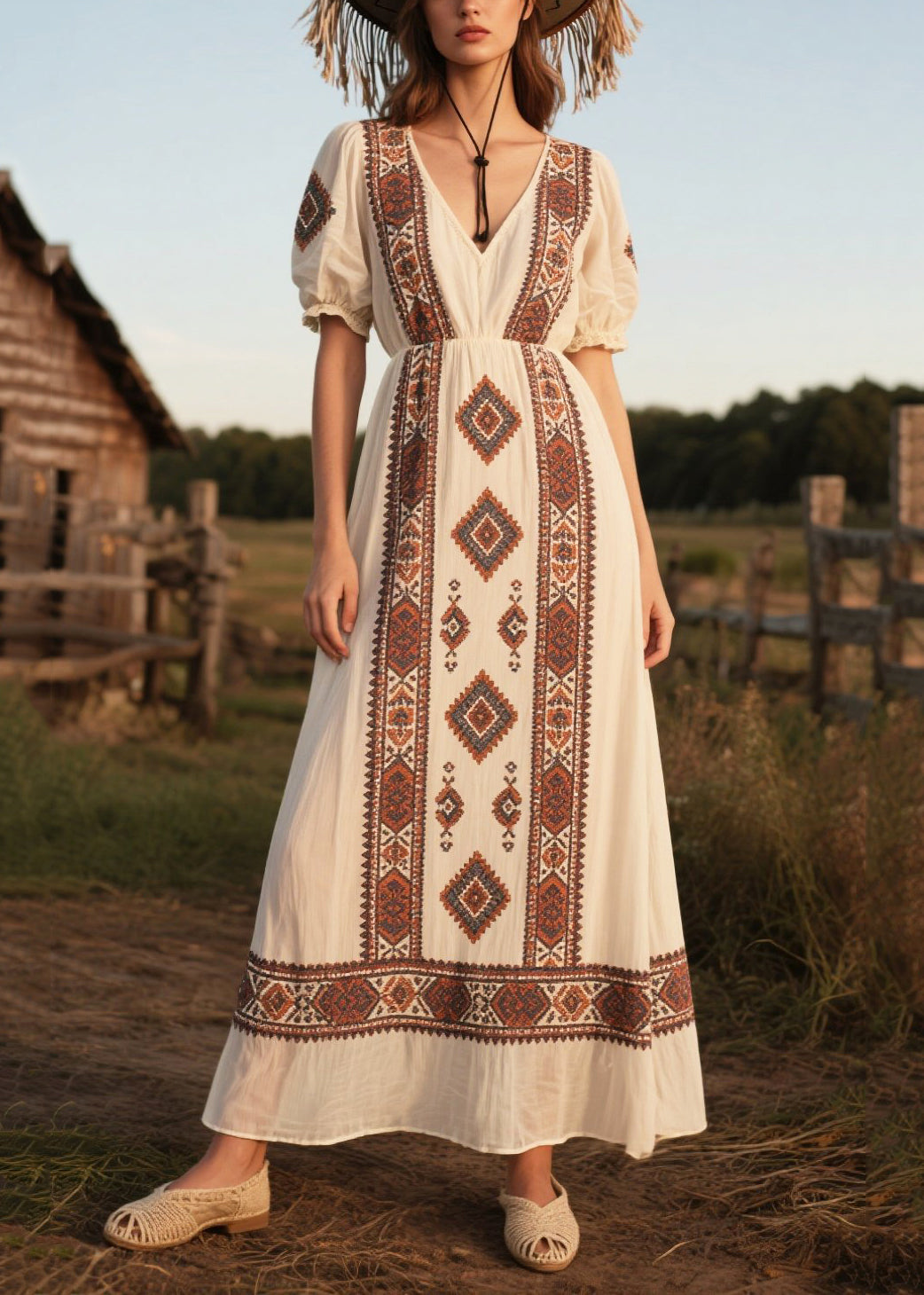 Art White Puff Sleeve Print Chiffon Long Dresses
