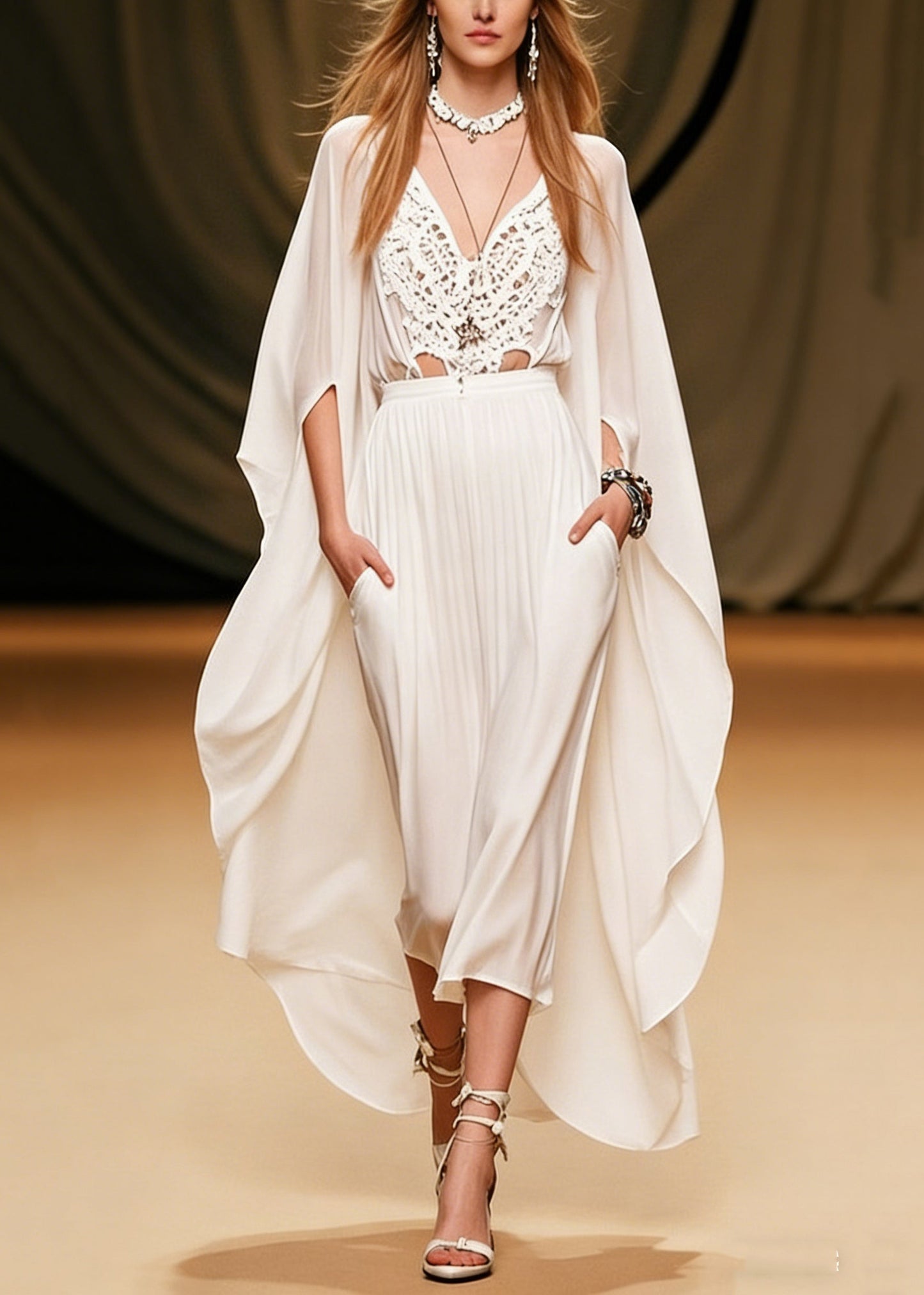 Art White V Neck Hollow Out Pockets Solid Chiffon Two Piece Set Batwing Sleeve