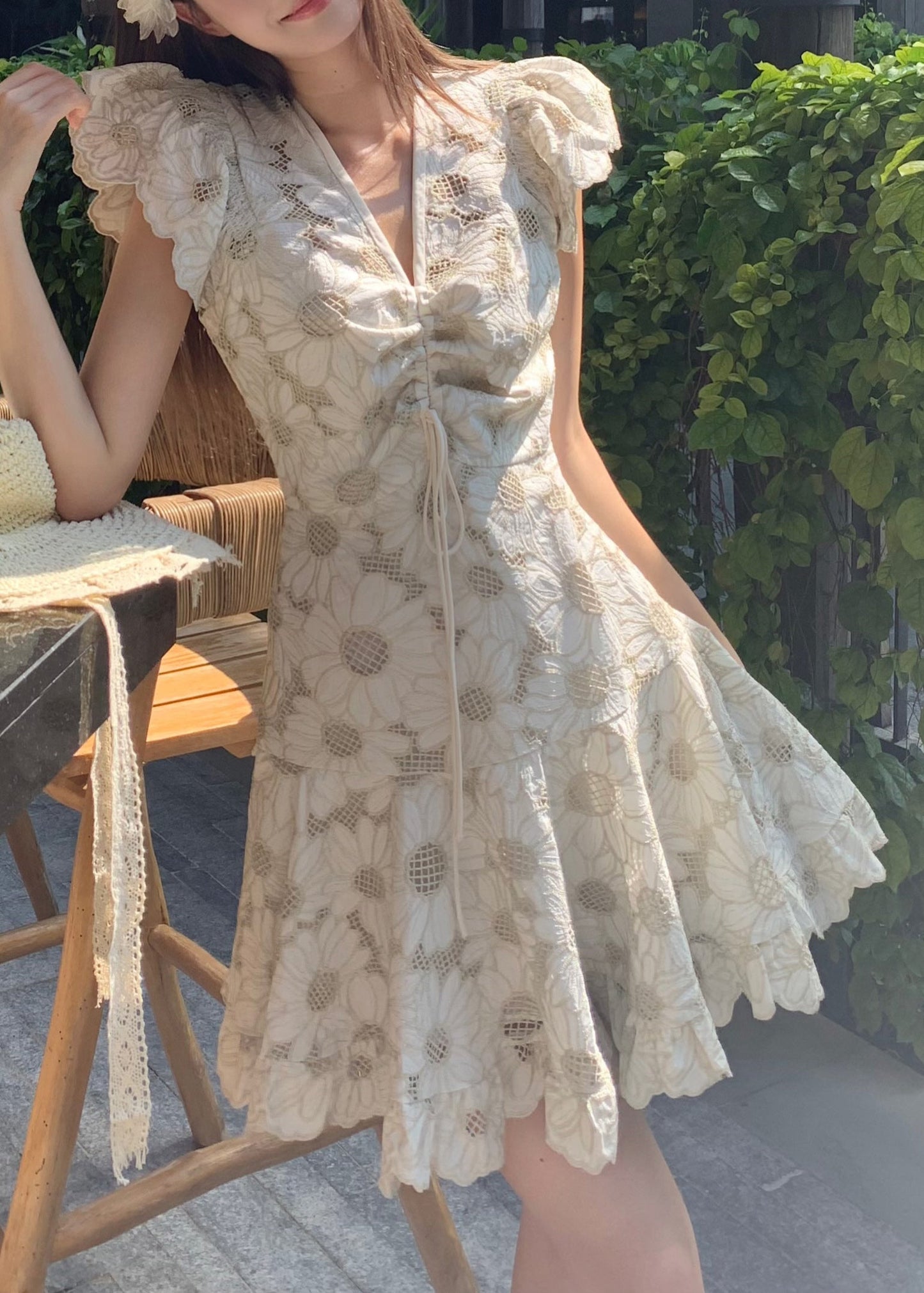 Art White V Neck Lace Up Hollow Out Cotton Mini Dresses Summer