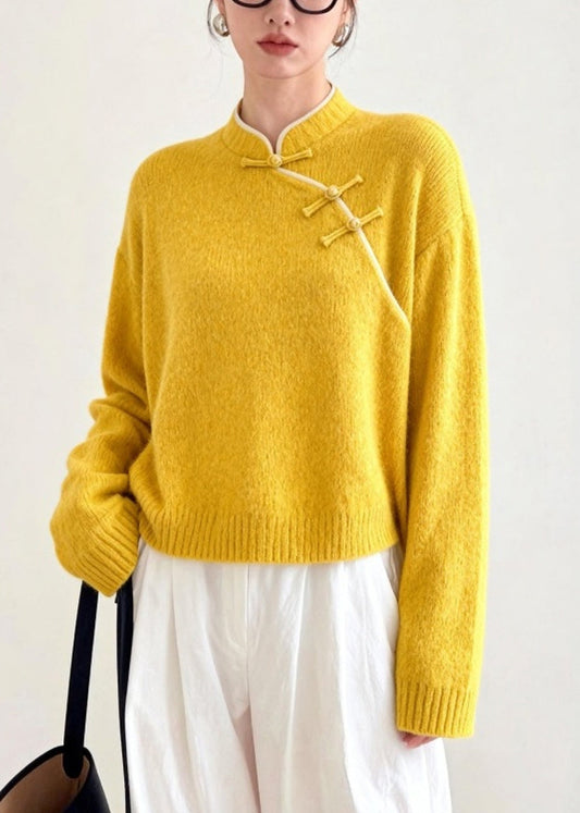 Art Yellow Mandarin Collar Chinese Button Knitted Tops Winter
