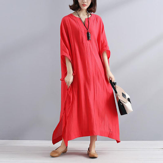 Art linen clothes For Women Vintage Summer V Neck Slit Loose Casual Red Dress