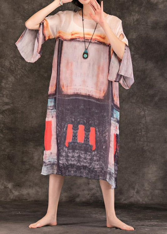 Art multicolor linen clothes For Women o neck side open shift summer Dress - SooLinen