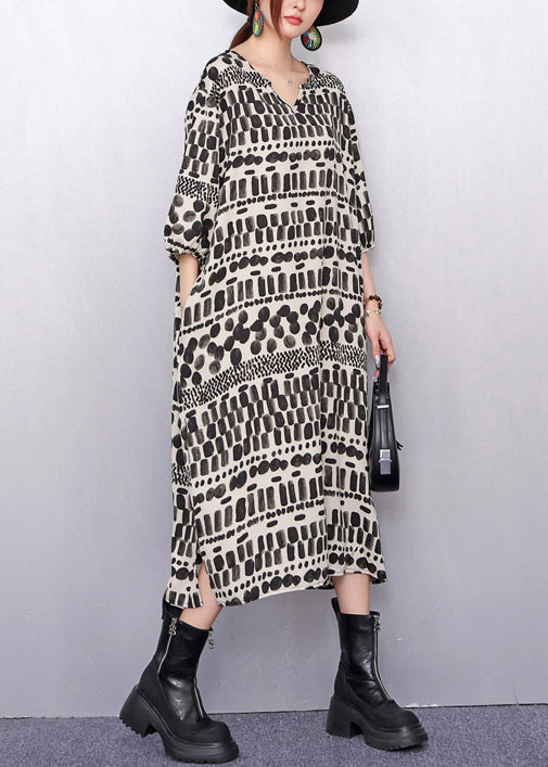 Artistic Patterned Print Pockets Cotton Long Dress Half Sleeve