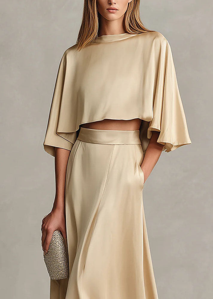 Autumn New Women's Champagne Satin Top And Skirt Set