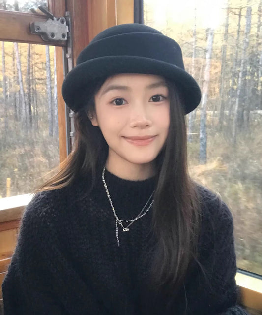 Autumn Winter New Fashion Black Simulated Wig Woolen Bucket Hat