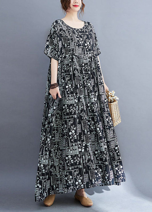 Baggy Black Wrinkled Patchwork Print Exra Large Hem Cotton Long Dress Short Sleeve