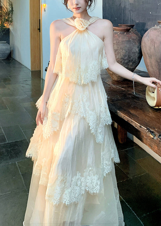 Beach Apricot Halter Lace Patchwork Floral Maxi Dress Summer