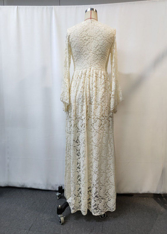 Beach Apricot V Neck Tunic Lace Maxi Dresses Fall