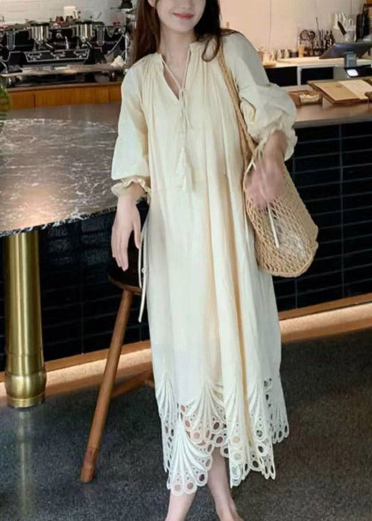 Beach Beige Tie Lace Hollow Out Maxi Dress Lantern Sleeve