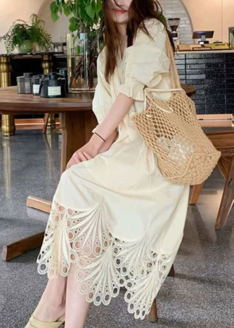 Beach Beige Tie Lace Hollow Out Maxi Dress Lantern Sleeve