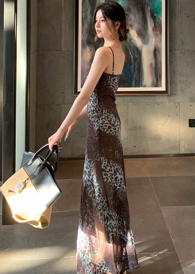 Beach Blue Leopard Patchwork Lace Maxi Spaghetti Strap Dress Summer