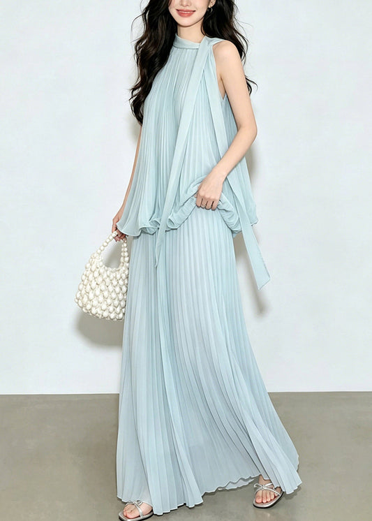 Beach Blue O-Neck Wrinkled Patchwork Solid Top And Wide Leg Pants Two Pieces Set Summer