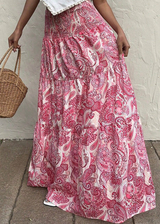 Beach Pink Print Elastic Waist A Line Skirts Summer