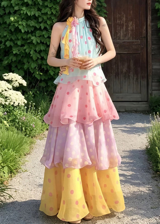 Beach Rainbow Stand Collar Floral Chiffon Long Cake Dresses Summer