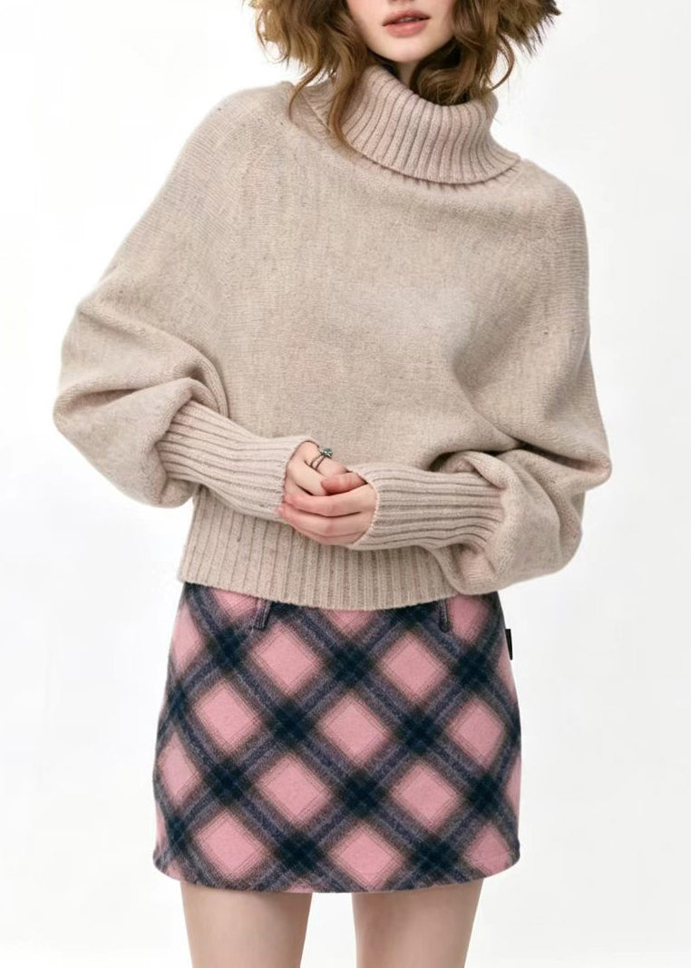 Beautiful Apricot Turtleneck Print Cotton Knit Sweaters Batwing Sleeve
