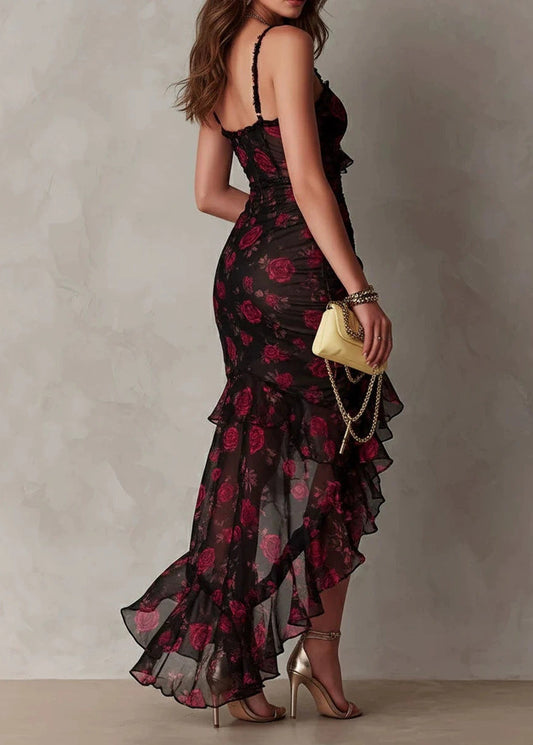 Beautiful Asymmetrical Ruffled Print Chiffon Spaghetti Strap Dress Summer