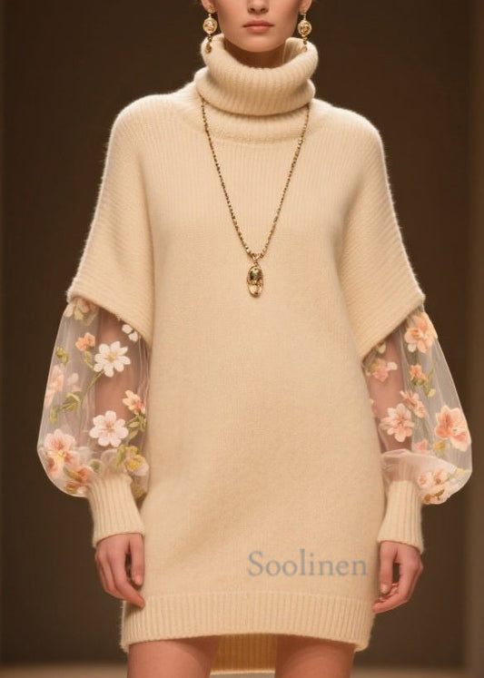 Beautiful Beige Hign Neck Tulle Patchwork Knit Dress Winter