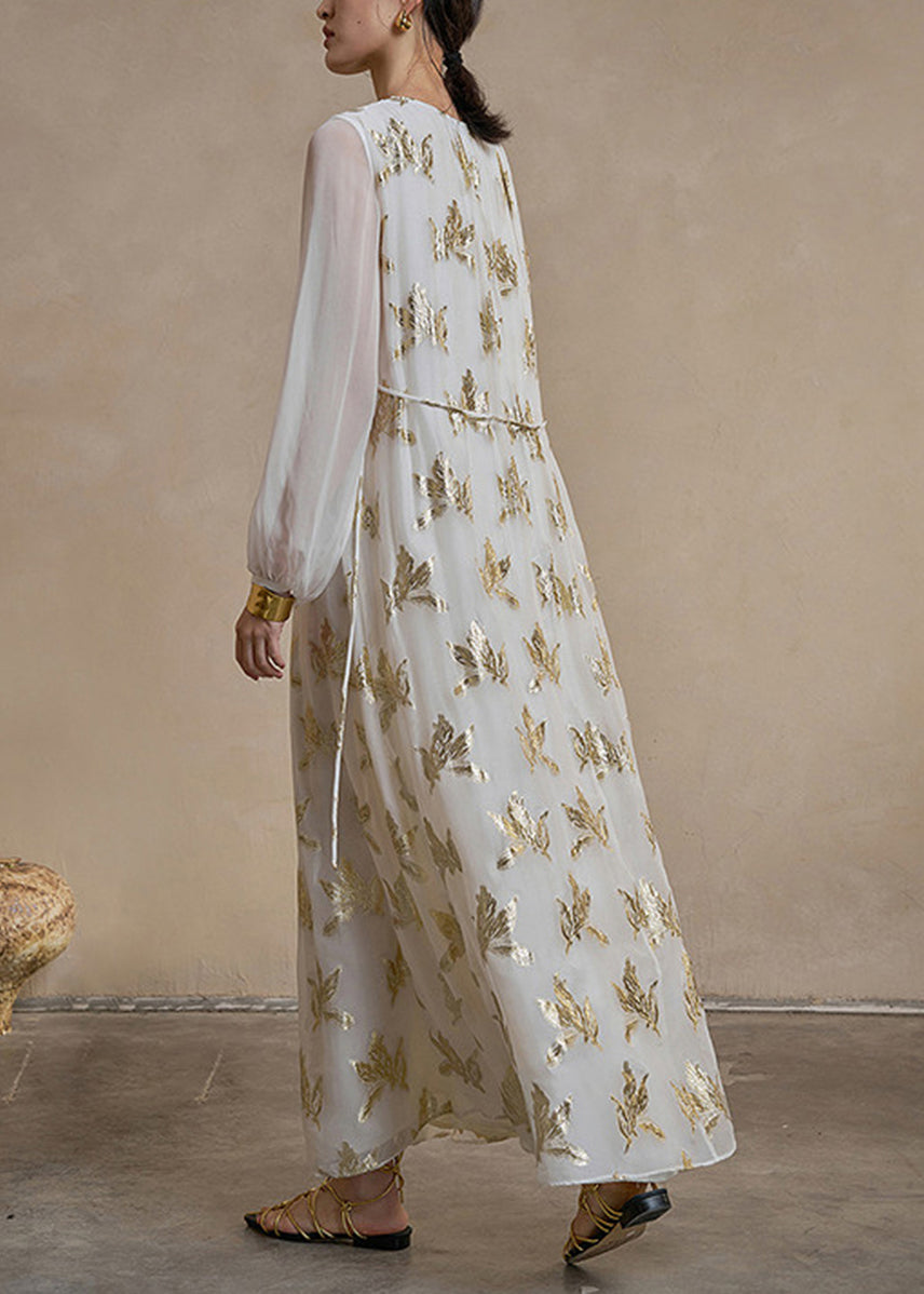 Beautiful Beige White Pleated Gold Lurex Leaf Vacation Dresses Spring