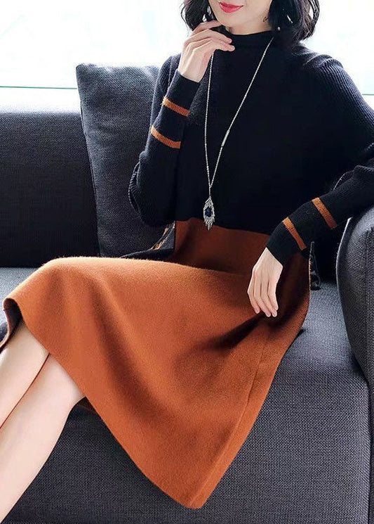 Beautiful Black Brown Stand Collar Patchwork Jacquard Knitwear Dress Winter