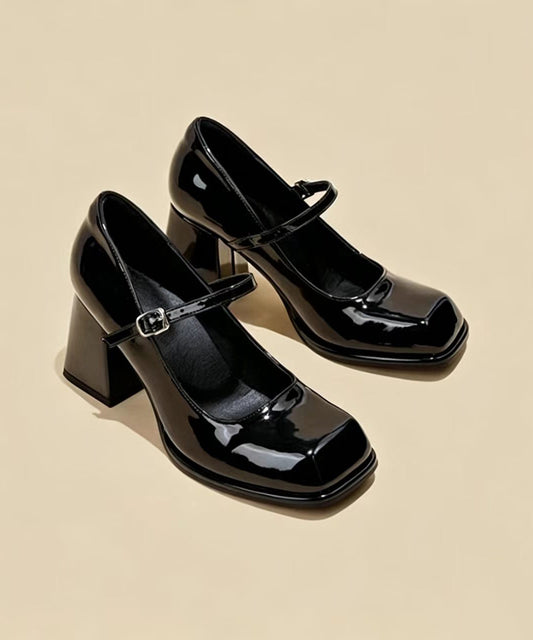 Beautiful Black Buckle Strap Cowhide Leather Mary Jane Chunky High Heels