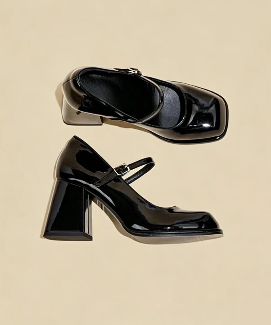 Beautiful Black Buckle Strap Cowhide Leather Mary Jane Chunky High Heels