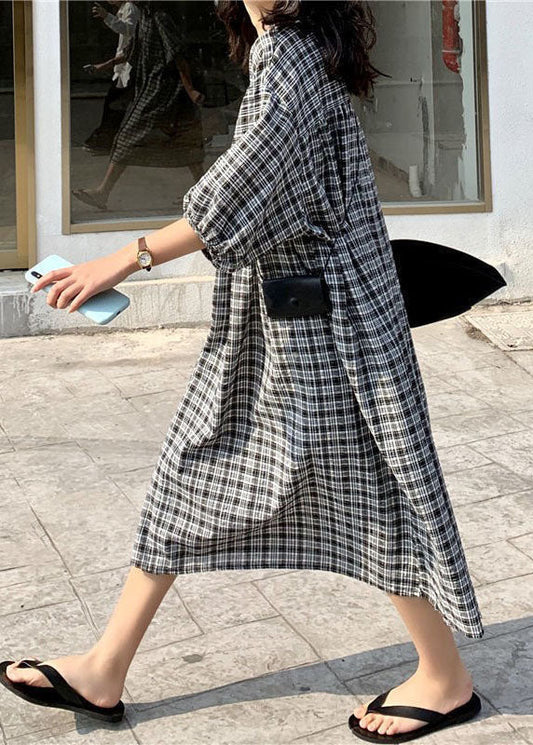 Beautiful Black Cinched Plaid Cotton Maxi Dresses Half Sleeve