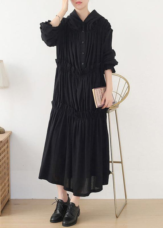 Beautiful Black Cinched hooded Spring Cotton Dress - SooLinen